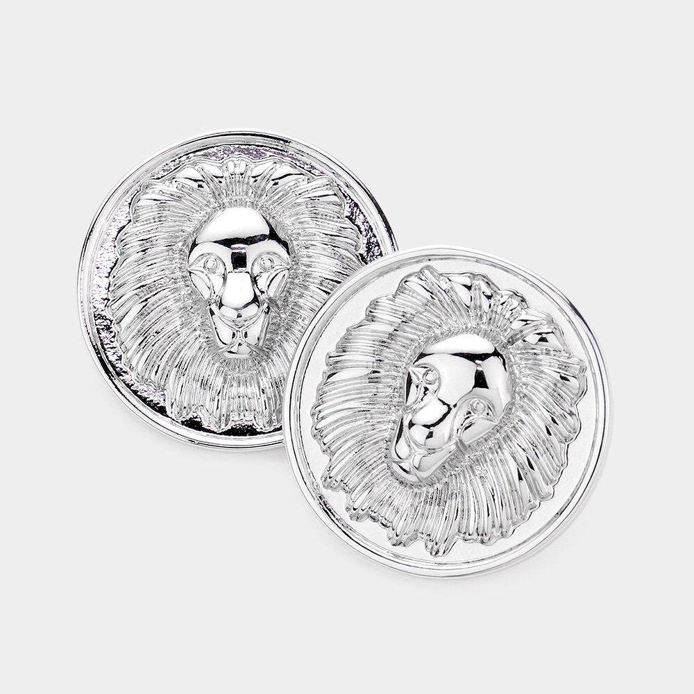 Silver Lion Metal Round Stud Statement Earrings
